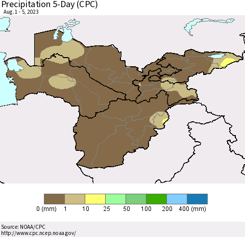 Central Asia Precipitation 5-Day (CPC) Thematic Map For 8/1/2023 - 8/5/2023