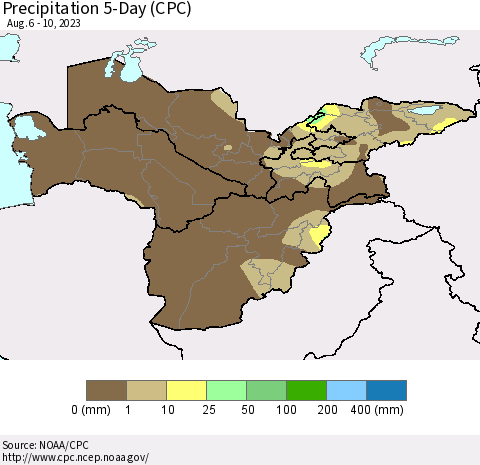Central Asia Precipitation 5-Day (CPC) Thematic Map For 8/6/2023 - 8/10/2023