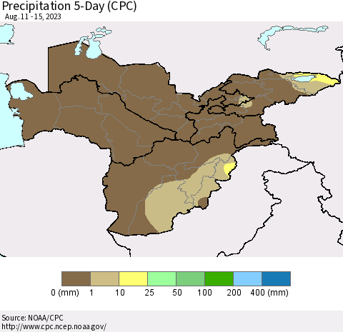 Central Asia Precipitation 5-Day (CPC) Thematic Map For 8/11/2023 - 8/15/2023