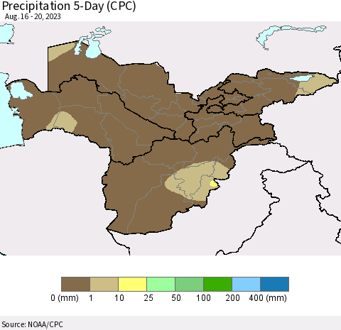 Central Asia Precipitation 5-Day (CPC) Thematic Map For 8/16/2023 - 8/20/2023