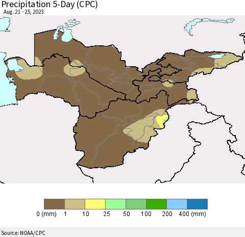 Central Asia Precipitation 5-Day (CPC) Thematic Map For 8/21/2023 - 8/25/2023