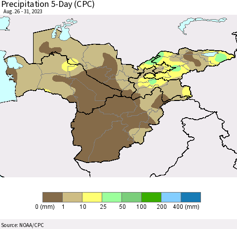 Central Asia Precipitation 5-Day (CPC) Thematic Map For 8/26/2023 - 8/31/2023