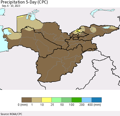 Central Asia Precipitation 5-Day (CPC) Thematic Map For 9/6/2023 - 9/10/2023