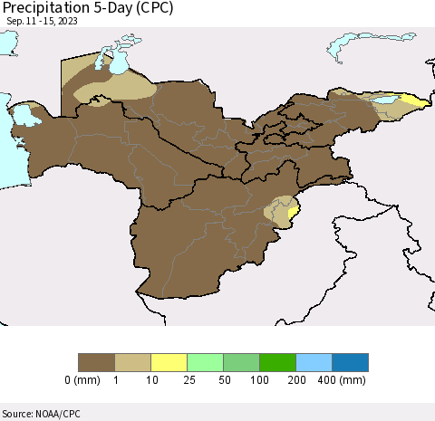 Central Asia Precipitation 5-Day (CPC) Thematic Map For 9/11/2023 - 9/15/2023