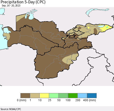 Central Asia Precipitation 5-Day (CPC) Thematic Map For 9/16/2023 - 9/20/2023