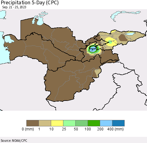 Central Asia Precipitation 5-Day (CPC) Thematic Map For 9/21/2023 - 9/25/2023