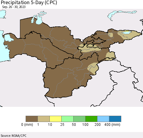 Central Asia Precipitation 5-Day (CPC) Thematic Map For 9/26/2023 - 9/30/2023