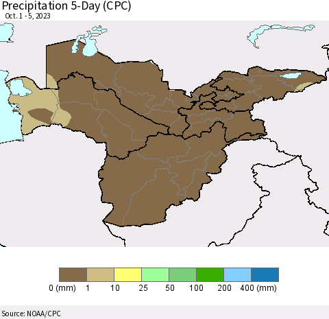 Central Asia Precipitation 5-Day (CPC) Thematic Map For 10/1/2023 - 10/5/2023