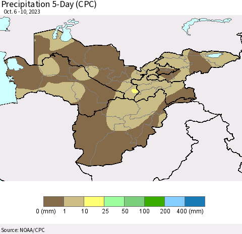 Central Asia Precipitation 5-Day (CPC) Thematic Map For 10/6/2023 - 10/10/2023
