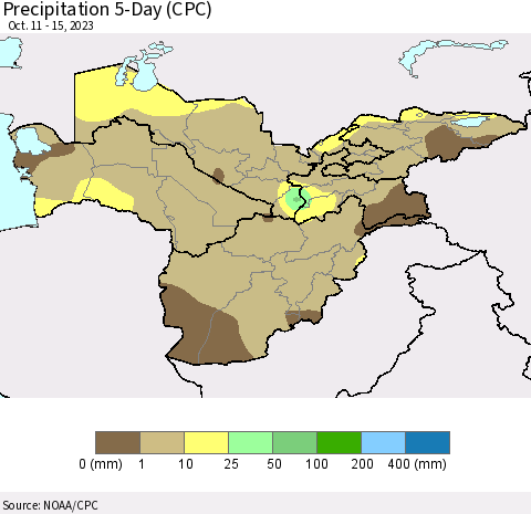 Central Asia Precipitation 5-Day (CPC) Thematic Map For 10/11/2023 - 10/15/2023