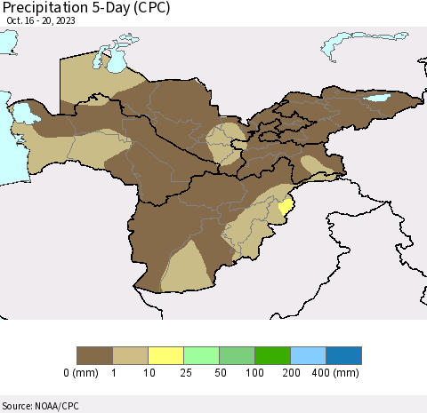 Central Asia Precipitation 5-Day (CPC) Thematic Map For 10/16/2023 - 10/20/2023