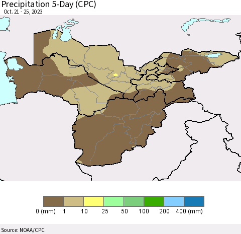 Central Asia Precipitation 5-Day (CPC) Thematic Map For 10/21/2023 - 10/25/2023