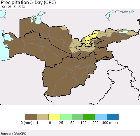 Central Asia Precipitation 5-Day (CPC) Thematic Map For 10/26/2023 - 10/31/2023