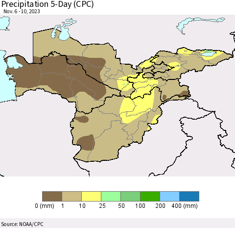 Central Asia Precipitation 5-Day (CPC) Thematic Map For 11/6/2023 - 11/10/2023