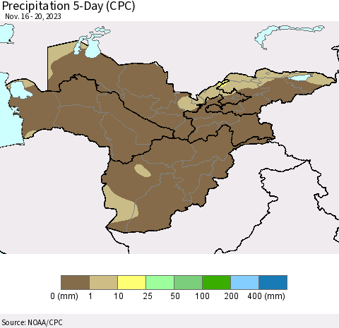 Central Asia Precipitation 5-Day (CPC) Thematic Map For 11/16/2023 - 11/20/2023