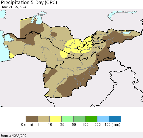 Central Asia Precipitation 5-Day (CPC) Thematic Map For 11/21/2023 - 11/25/2023