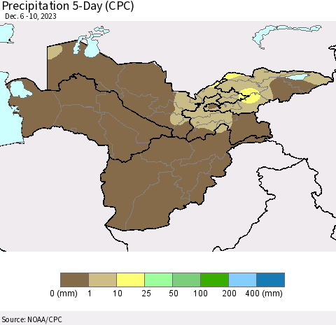 Central Asia Precipitation 5-Day (CPC) Thematic Map For 12/6/2023 - 12/10/2023