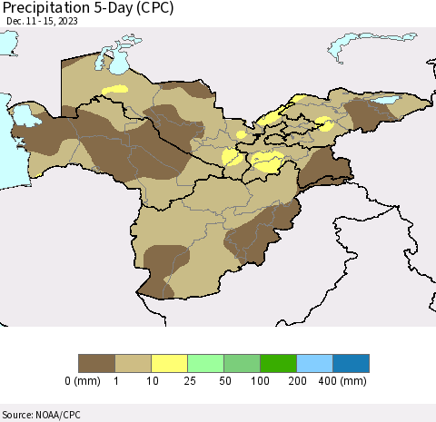 Central Asia Precipitation 5-Day (CPC) Thematic Map For 12/11/2023 - 12/15/2023