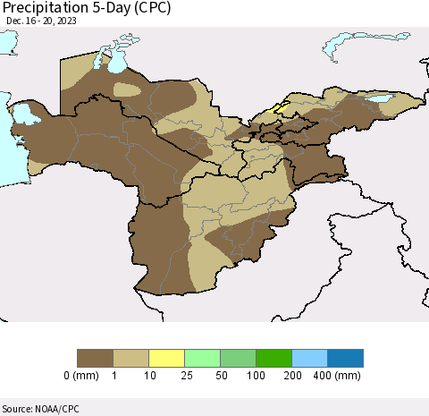 Central Asia Precipitation 5-Day (CPC) Thematic Map For 12/16/2023 - 12/20/2023