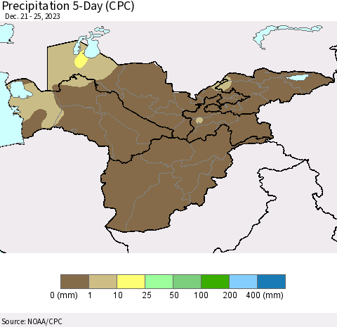 Central Asia Precipitation 5-Day (CPC) Thematic Map For 12/21/2023 - 12/25/2023