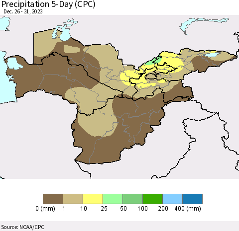 Central Asia Precipitation 5-Day (CPC) Thematic Map For 12/26/2023 - 12/31/2023