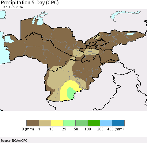 Central Asia Precipitation 5-Day (CPC) Thematic Map For 1/1/2024 - 1/5/2024