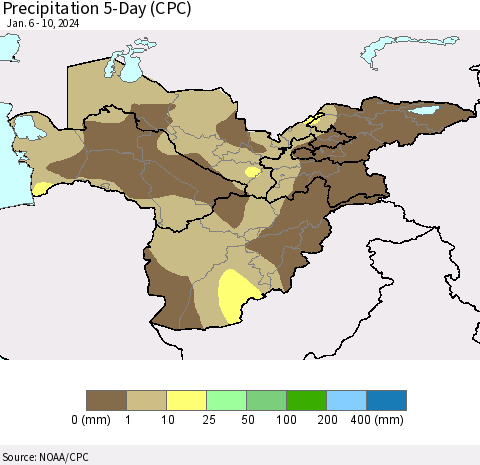 Central Asia Precipitation 5-Day (CPC) Thematic Map For 1/6/2024 - 1/10/2024