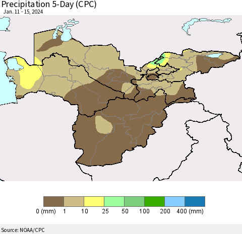 Central Asia Precipitation 5-Day (CPC) Thematic Map For 1/11/2024 - 1/15/2024