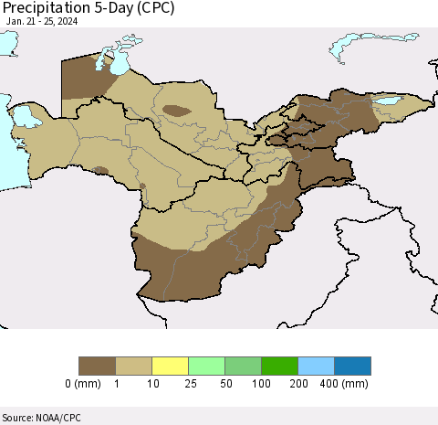 Central Asia Precipitation 5-Day (CPC) Thematic Map For 1/21/2024 - 1/25/2024