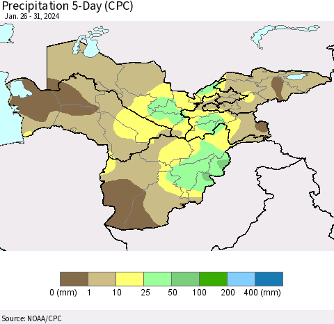 Central Asia Precipitation 5-Day (CPC) Thematic Map For 1/26/2024 - 1/31/2024