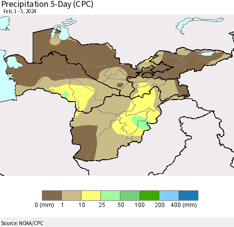 Central Asia Precipitation 5-Day (CPC) Thematic Map For 2/1/2024 - 2/5/2024