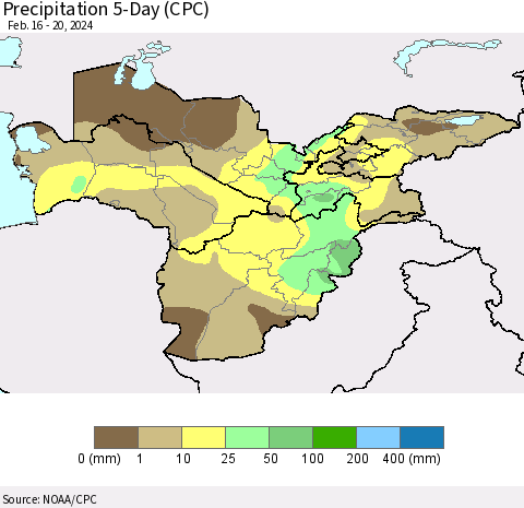 Central Asia Precipitation 5-Day (CPC) Thematic Map For 2/16/2024 - 2/20/2024