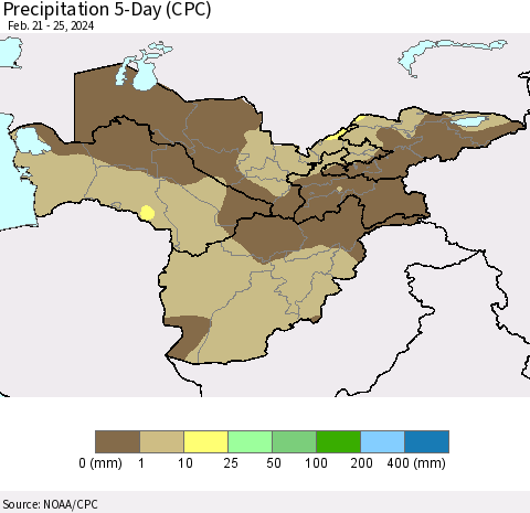 Central Asia Precipitation 5-Day (CPC) Thematic Map For 2/21/2024 - 2/25/2024