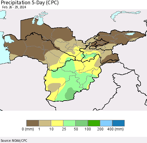 Central Asia Precipitation 5-Day (CPC) Thematic Map For 2/26/2024 - 2/29/2024