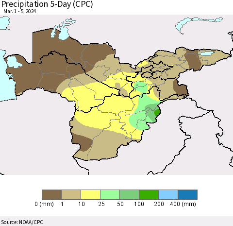 Central Asia Precipitation 5-Day (CPC) Thematic Map For 3/1/2024 - 3/5/2024