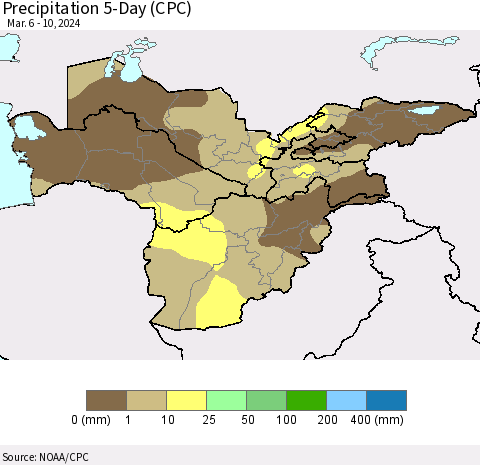 Central Asia Precipitation 5-Day (CPC) Thematic Map For 3/6/2024 - 3/10/2024