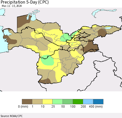 Central Asia Precipitation 5-Day (CPC) Thematic Map For 3/11/2024 - 3/15/2024