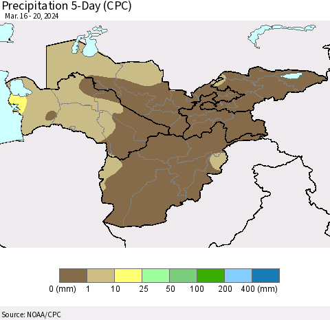Central Asia Precipitation 5-Day (CPC) Thematic Map For 3/16/2024 - 3/20/2024