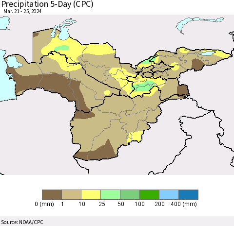Central Asia Precipitation 5-Day (CPC) Thematic Map For 3/21/2024 - 3/25/2024