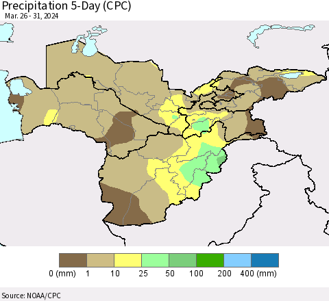 Central Asia Precipitation 5-Day (CPC) Thematic Map For 3/26/2024 - 3/31/2024