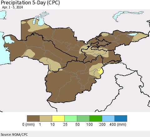 Central Asia Precipitation 5-Day (CPC) Thematic Map For 4/1/2024 - 4/5/2024