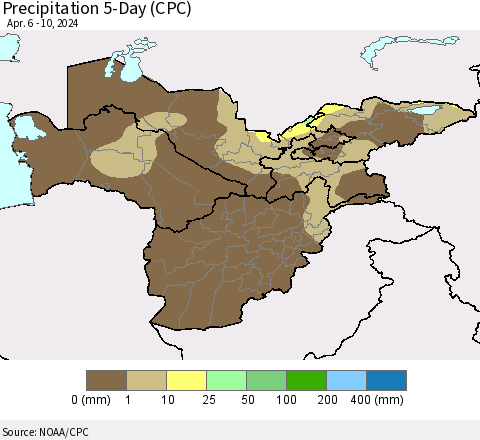 Central Asia Precipitation 5-Day (CPC) Thematic Map For 4/6/2024 - 4/10/2024