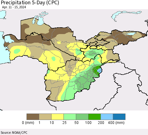 Central Asia Precipitation 5-Day (CPC) Thematic Map For 4/11/2024 - 4/15/2024