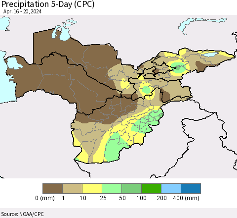 Central Asia Precipitation 5-Day (CPC) Thematic Map For 4/16/2024 - 4/20/2024