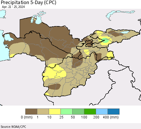 Central Asia Precipitation 5-Day (CPC) Thematic Map For 4/21/2024 - 4/25/2024