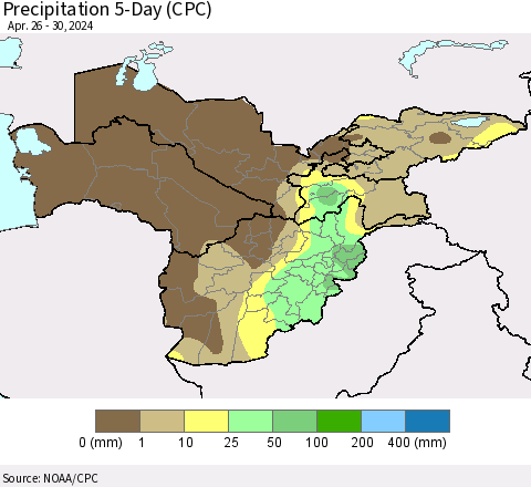 Central Asia Precipitation 5-Day (CPC) Thematic Map For 4/26/2024 - 4/30/2024