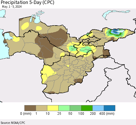 Central Asia Precipitation 5-Day (CPC) Thematic Map For 5/1/2024 - 5/5/2024