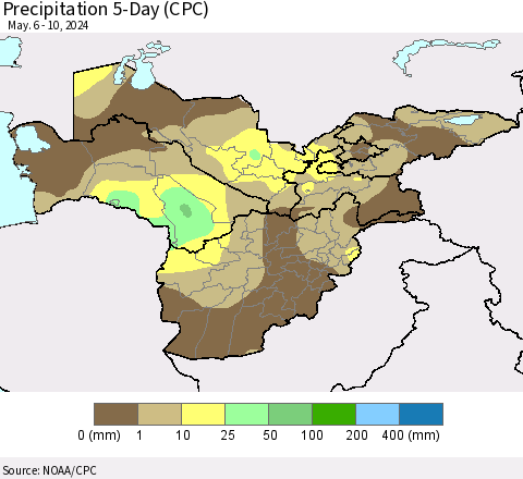Central Asia Precipitation 5-Day (CPC) Thematic Map For 5/6/2024 - 5/10/2024