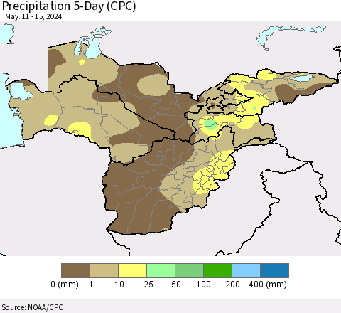 Central Asia Precipitation 5-Day (CPC) Thematic Map For 5/11/2024 - 5/15/2024