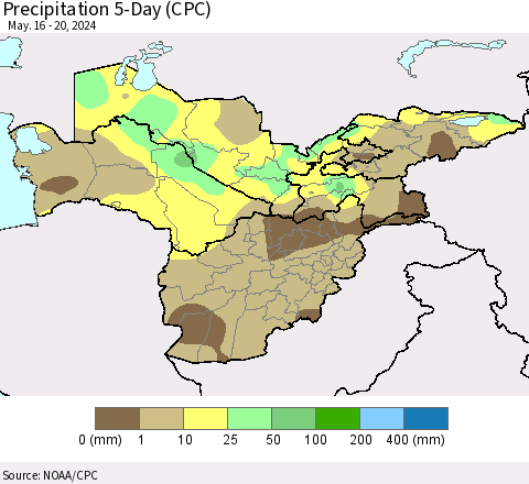 Central Asia Precipitation 5-Day (CPC) Thematic Map For 5/16/2024 - 5/20/2024